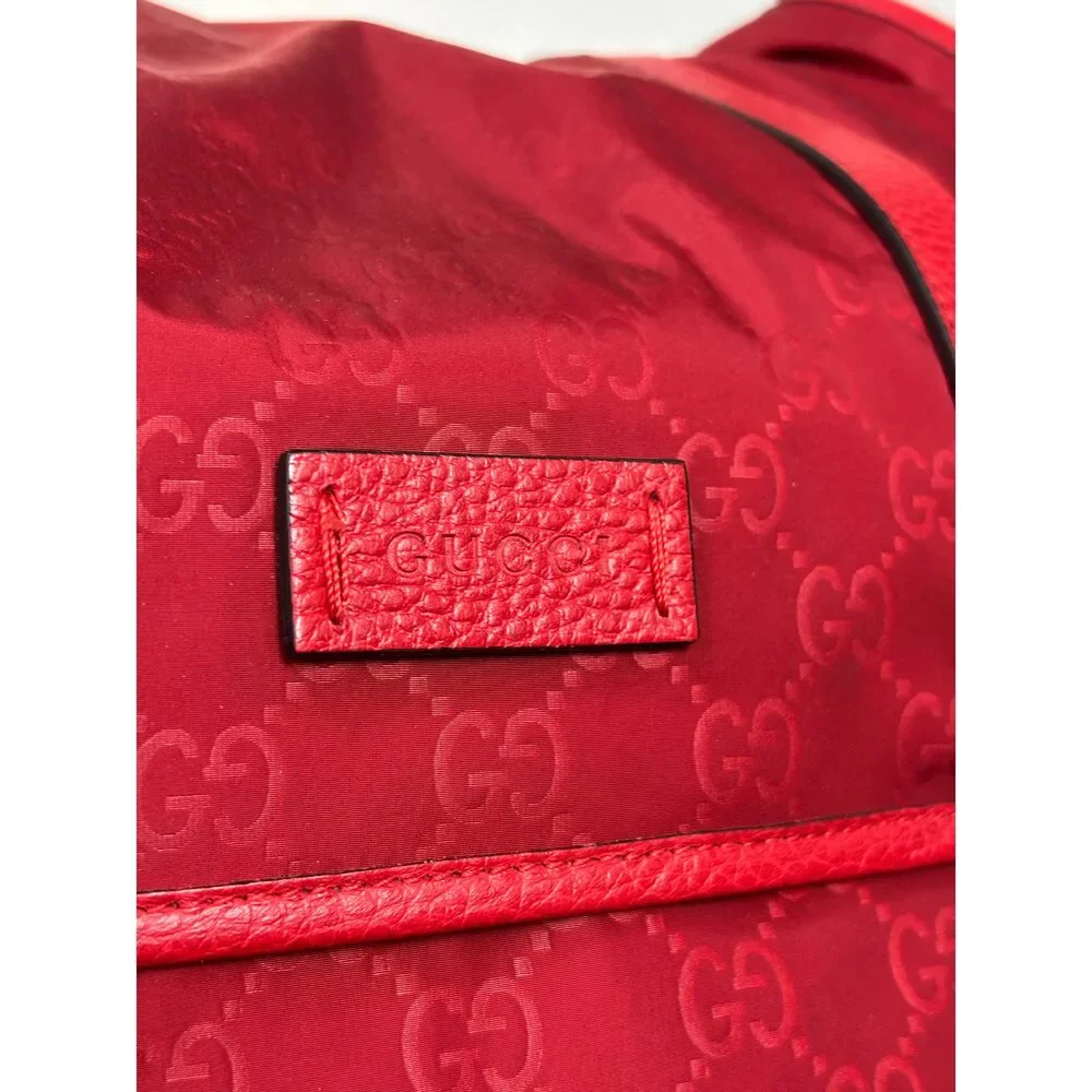 Gucci Red Nylon Monogram Double Buckle Flap Messenger Bag